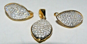 Pave Diamond Covered Leaf Shaped Pendant & Earrings Set YGP 925 Sterling Silver